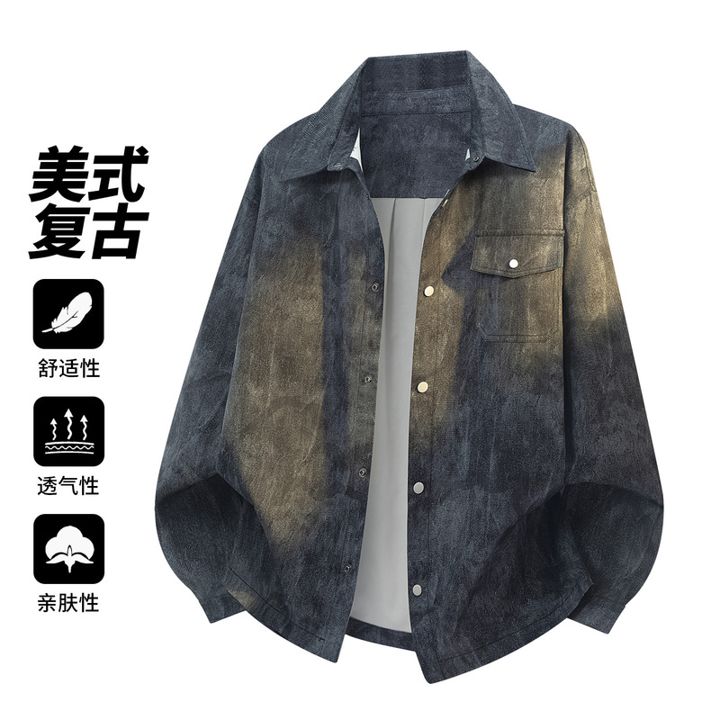 Spring New Tie-Dye Oversized Shirt for Men, Popular Long-Sleeve High-End Versatile High-Quality Casual Outerwear Trendy Shirt