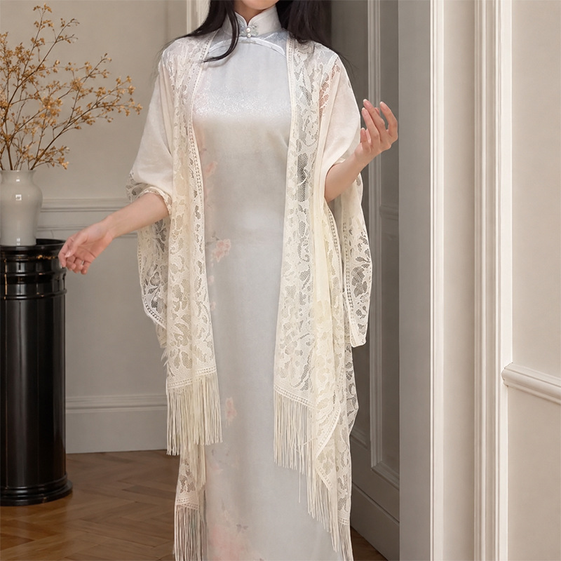 New Chinese-style cheongsam shawl with hollowed-out tassels, summer cape, sun protection cardigan, long lace thin outer cover-up
