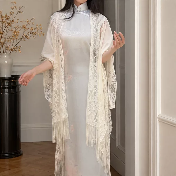 New Chinese-style cheongsam shawl with hollowed-out tassels, summer cape, sun protection cardigan, long lace thin outer cover-up