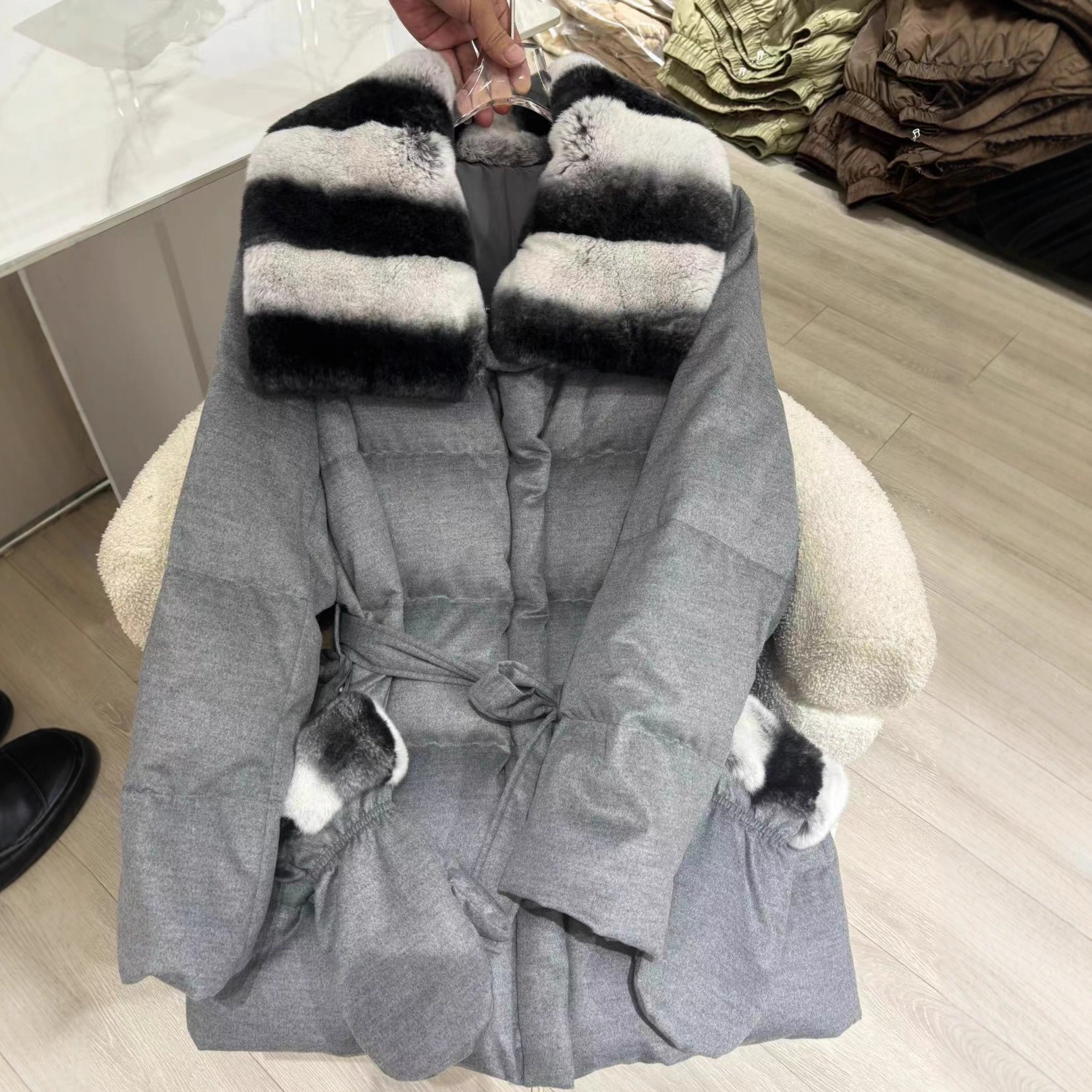 2025外贸新款龙猫色獭兔毛领羊绒大衣加厚保暖贵妇气质皮草外套女