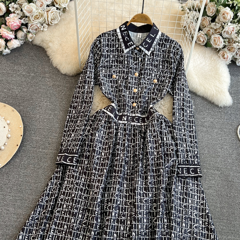 Spring and Autumn European and American Fashion Long Sleeve Lapel Tight Waist Slim A- Letter Printed Shirt dress Elegant Long Dress