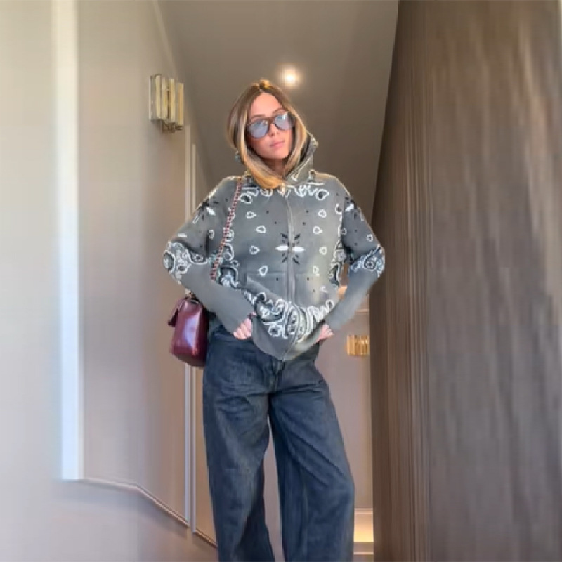 European and American Cross-Border 2025 Autumn and Winter New Knitted Printed Stand-Up Collar Zipper Cardigan Women's Casual Long-Sleeved Sweater