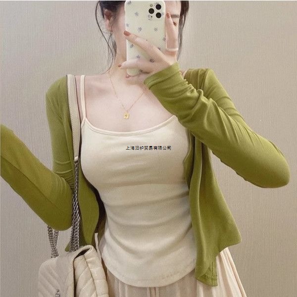 Two-piece cardigan set, short style, sun protection, air conditioning, summer women's thin, slim fit, camisole, cover-up, top, shawl