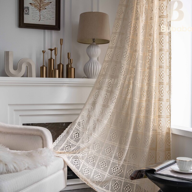Fabric Curtains with Light-Transmitting Hollow-Out Crochet Stitching, Floor-To-Ceiling Window Curtains, Bay Window Sheer Curtains, Finished Products Wholesale, American-Style Window Decor