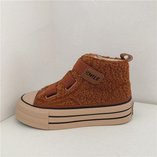  Autumn/Winter Plush Warm High-Top Canvas Shoes for Women, Hong Kong Style, Original Style, Magic Tape Cotton Shoes, Korean Version, Street Style, Versatile Shoes