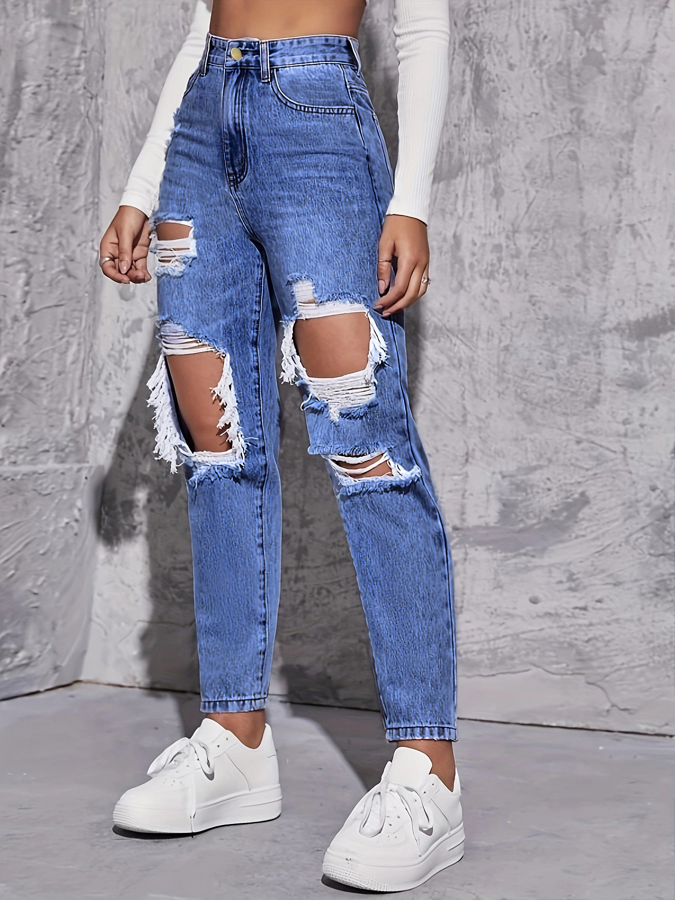 European And American Blue Ripped High-waisted Denim Straight-leg Pants Women's Fashion Versatile Trousers_ecoleips.com