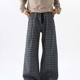 美式潮牌格子休闲裤男冬季高街小众直筒阔腿长裤宽松抽绳拖地裤子