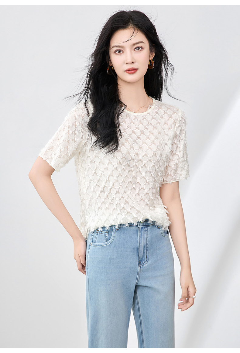 Áo thun lụa hoa cổ tròn thanh lịch đi làm mùa hè nữ phong cách rộng rãi — Màu đen chi tiết 17