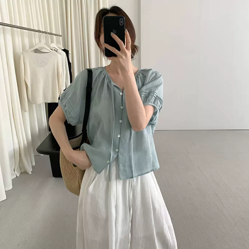 TG 韩系简约百搭泡泡袖衬衫女2025夏季新款苎麻薄款系带上衣24866