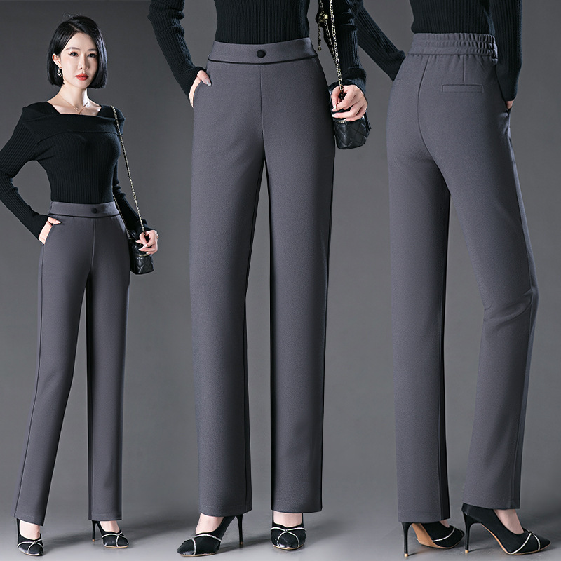 Authentic High-End Elastic Waist Casual Pants for Women, Brand Stretch Woolen Mom Style Versatile Straight-Leg Trousers