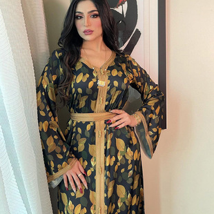 AB138 Ближний Восточный Кросс -Бордер Дубай Печатное платье с длинным поясом Женская Женская Мусульманская Женская одежда Джалабия