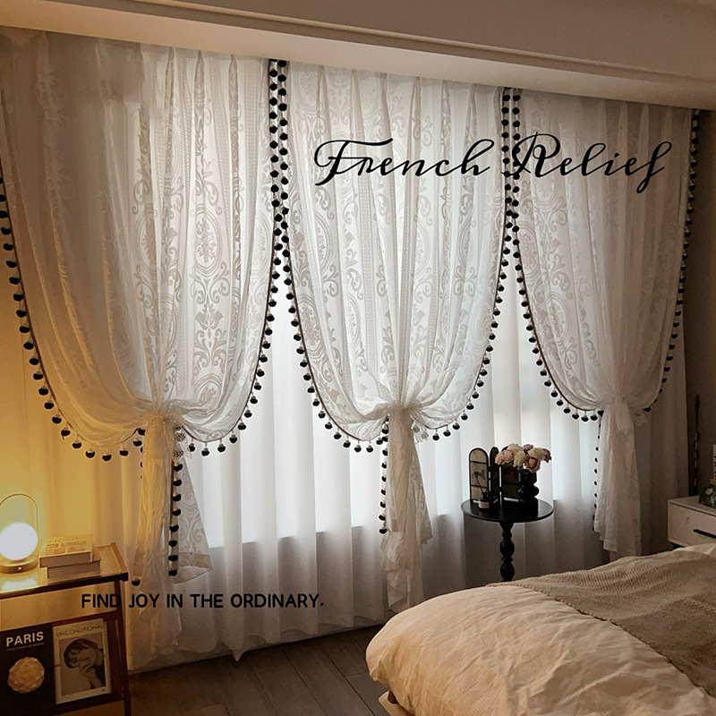 French Retro Style Large Living Room Balcony Window Screen Velvet Cut Flower Embossed Gauze Curtain Bedroom Restaurant New Style Keqiao Wholesale
