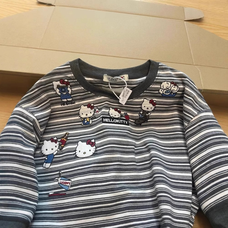 实价HelloKitty猫条纹短袖T恤男女纯棉夏宽松复古学院风百搭上衣|undefined