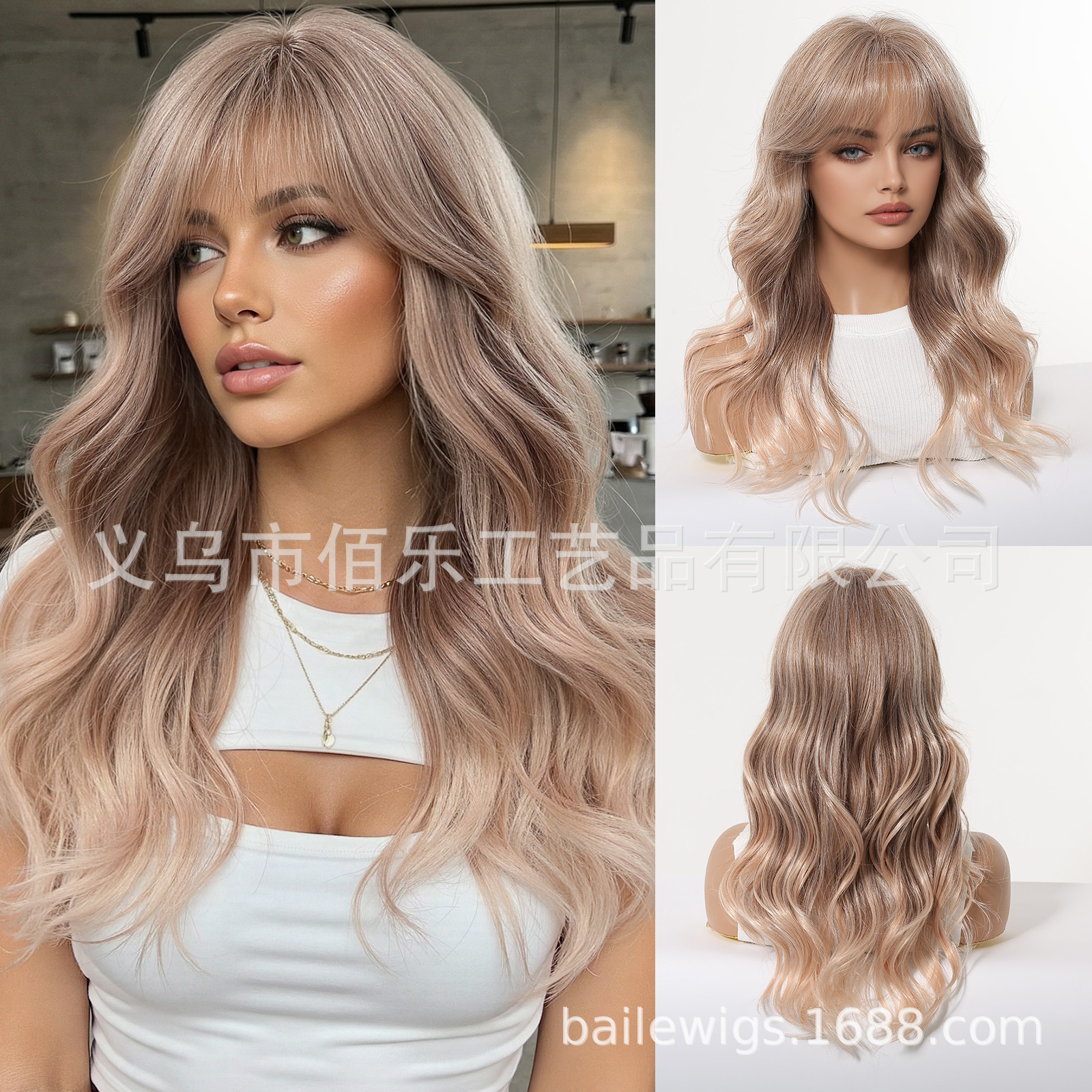 Pelucas de cabello de mujer gris frange largo rizado fibra química pelucas de cabello europeo al por mayor en stock