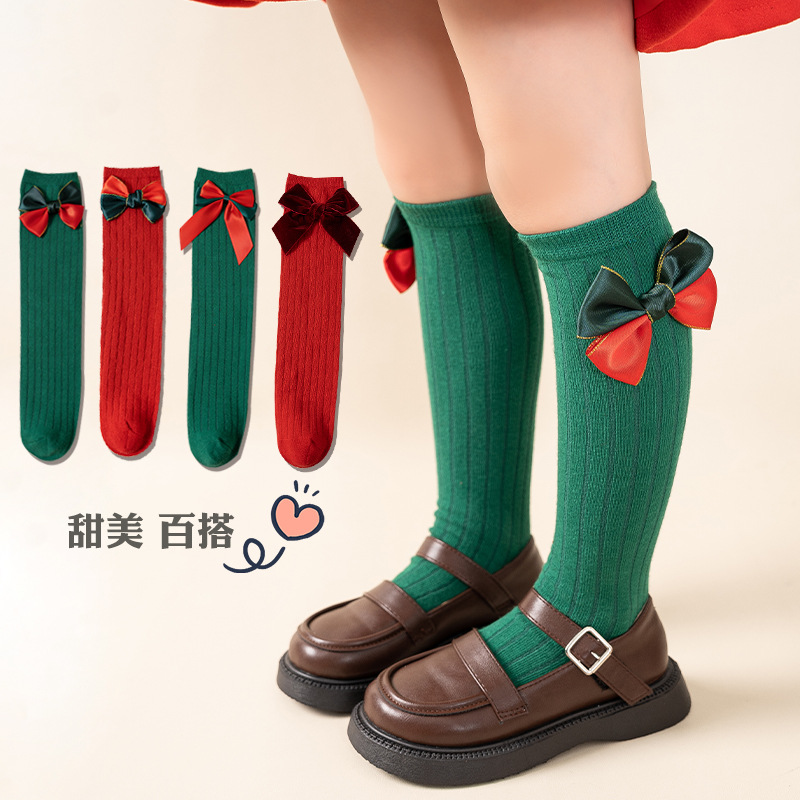 Calcetines de Navidad PARA NIÑOS Calcetines de media pantorrilla para niñas medias de bebé de estilo princesa de encaje de arco Otoño e Invierno para niñas