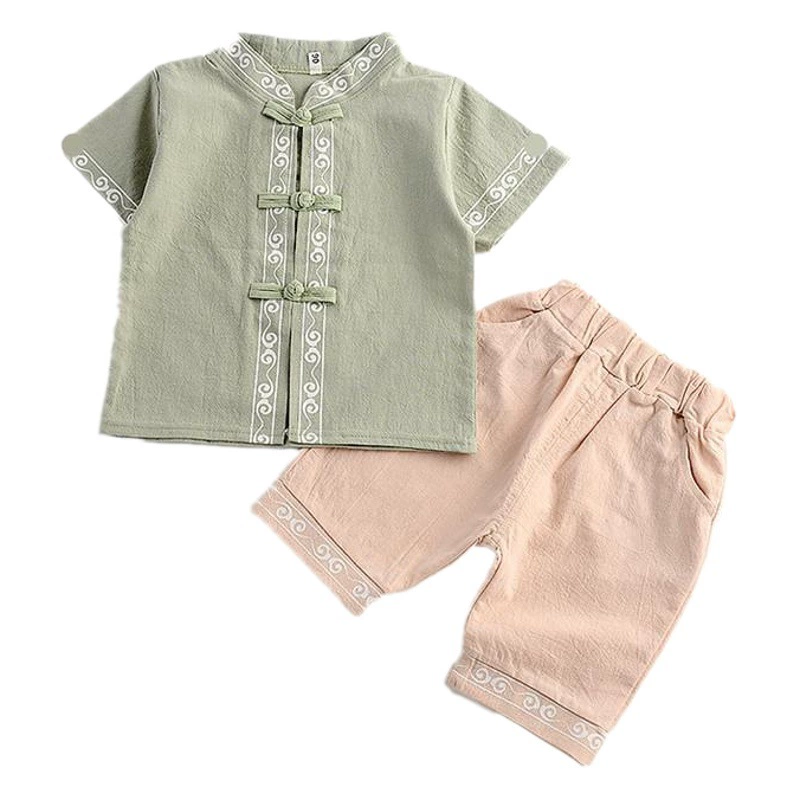 Детский костюм Ханьфу для мальчиков из хлопка и льна, летний китайский этнический стиль, ретро-костюм Тан с короткими рукавами для малышей и детей младшего возраста