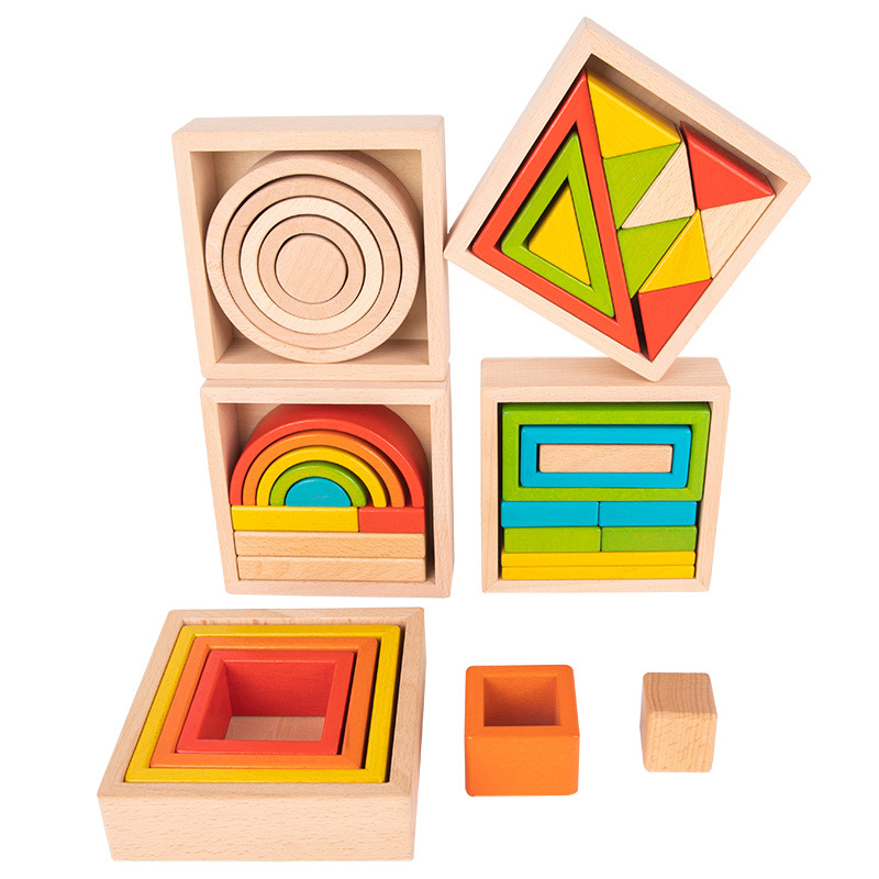 Intellectual rainbow geometric constructor, cognitive variable wooden toy, early education