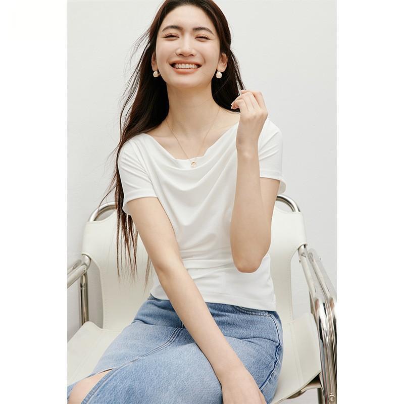 袖系白色T恤2025夏季新款女装不对称抽褶正肩一字荡领天丝上衣|undefined