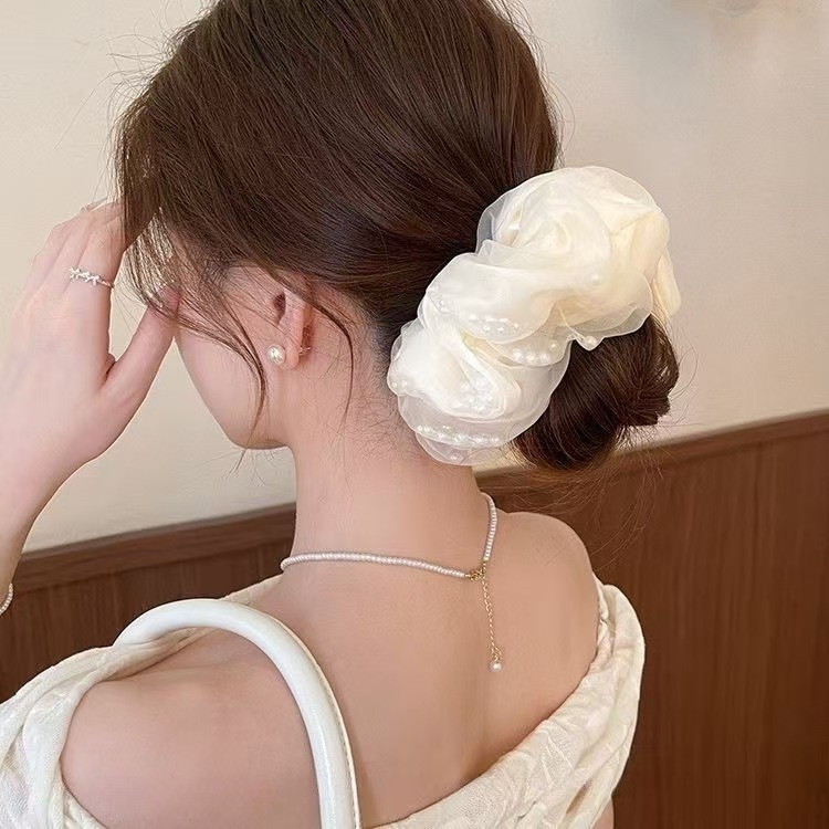 欧根纱材质韩系灌珠网纱大肠发圈温柔气质风女马尾头绳侧麻花发饰|undefined