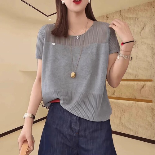 Ice silk thin hollow sweater knitted short-sleeved women's 2025 new summer loose unique beautiful gray top