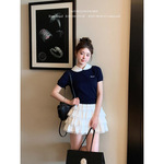 杨小卷 MIU系穿搭 学院风娃娃领针织短袖T恤女减龄假两件上衣女夏