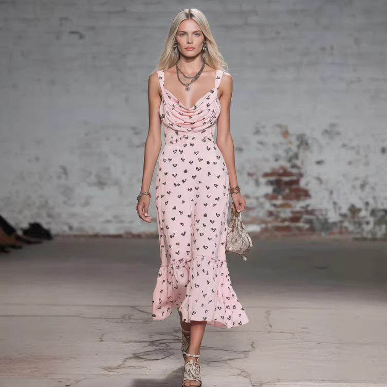Elegant and Fashionable Draped Neckline Ruffled Heart-Shaped Silk Midi Dress from European and American Cross-Border Independent Websites Elegant and Fashionable Draped Neckline Ruffled Heart-Shaped Silk Midi Dress from European and American Cross-Border Independent Websites