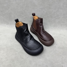 且朴头层牛皮圆头软底切尔西短靴一脚蹬厚底复古手工鞋秋冬款擦色