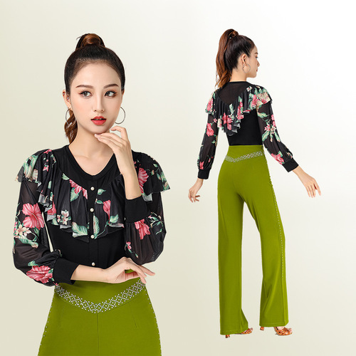 Latin dance clothes tops for women to practice ruffles, flowers, long sleeves, autumn and winter new dance clothes, adult modern dance