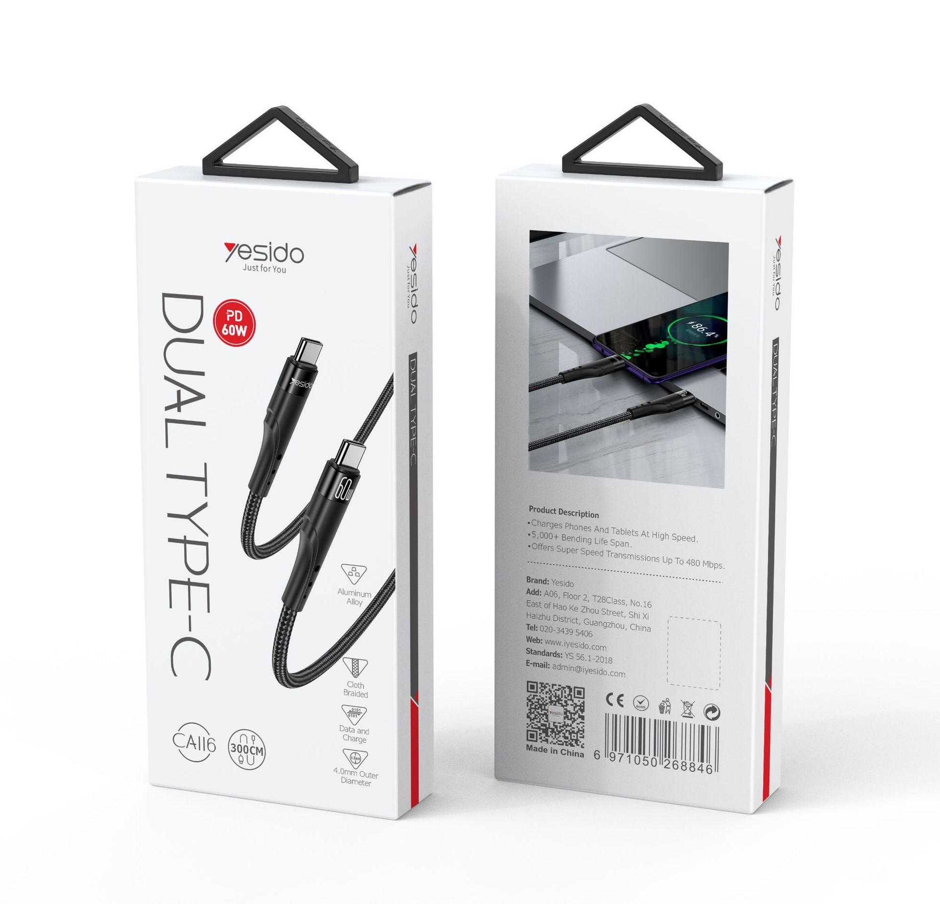 yesido cable de datos de teléfono móvil 3m cable trenzado pd60w para computadoras portátiles apple android cable de datos de carga rápida