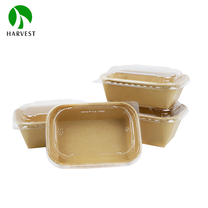 650ml 750ml牛皮纸碗方形淋膜一次性轻食碗商超外带快餐盒带PET盖