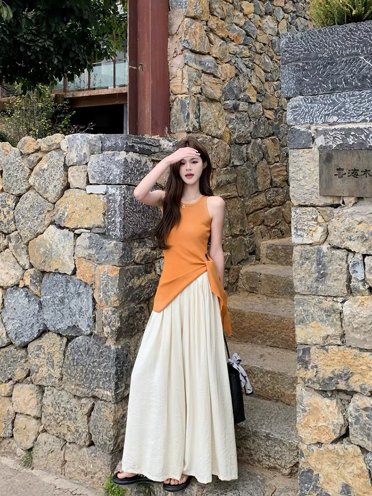 Темпераментный вязаный топ из ледяного шелка, женская летняя верхняя одежда, сексуальный топ без рукавов с нерегулярным поясом и разрезом