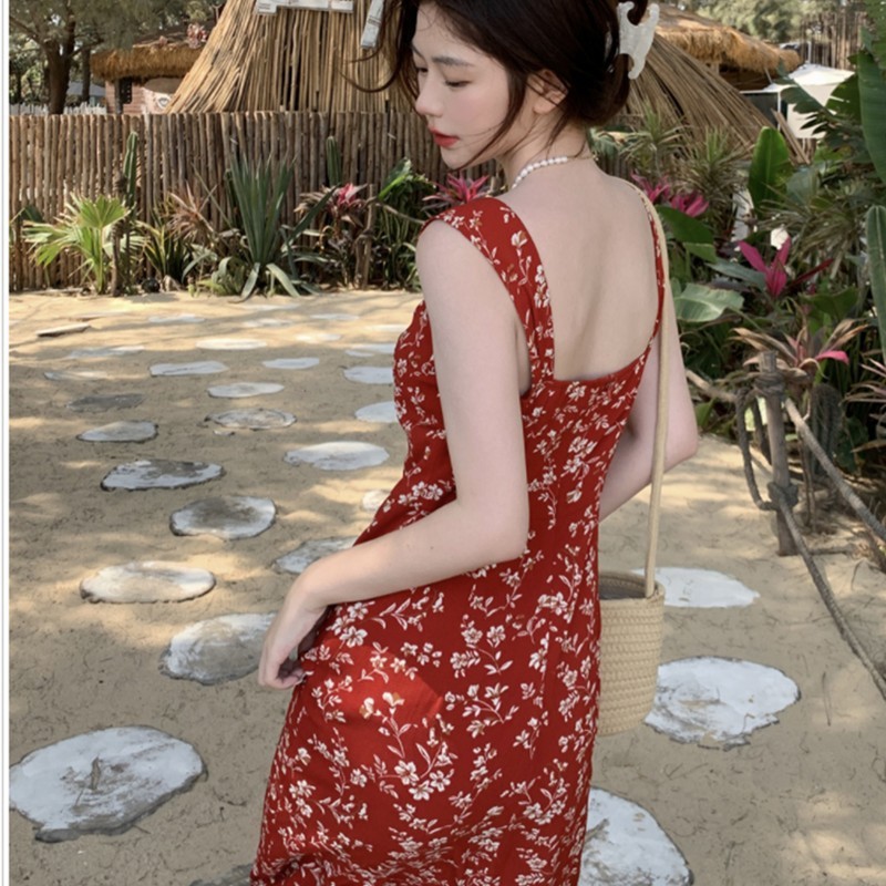ドロップシッピング 2025 夏の新しいスタイルの海辺の休暇女性のための小さな赤いサスペンダー花柄ドレス|undefined