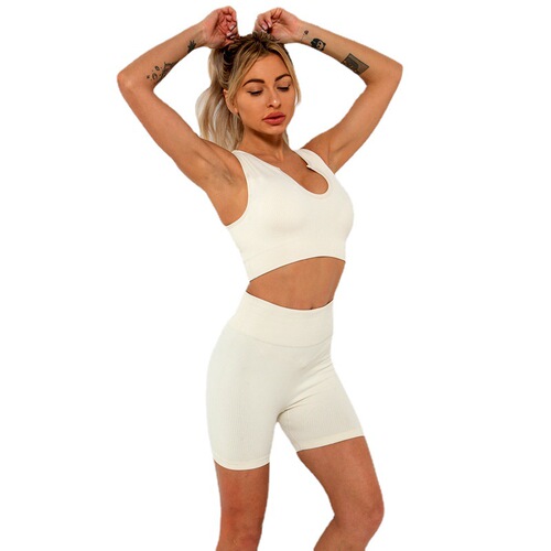Nylon summer seamless knitted high-elastic sports bra U square collar beautiful back yoga sports long shorts fitness suit