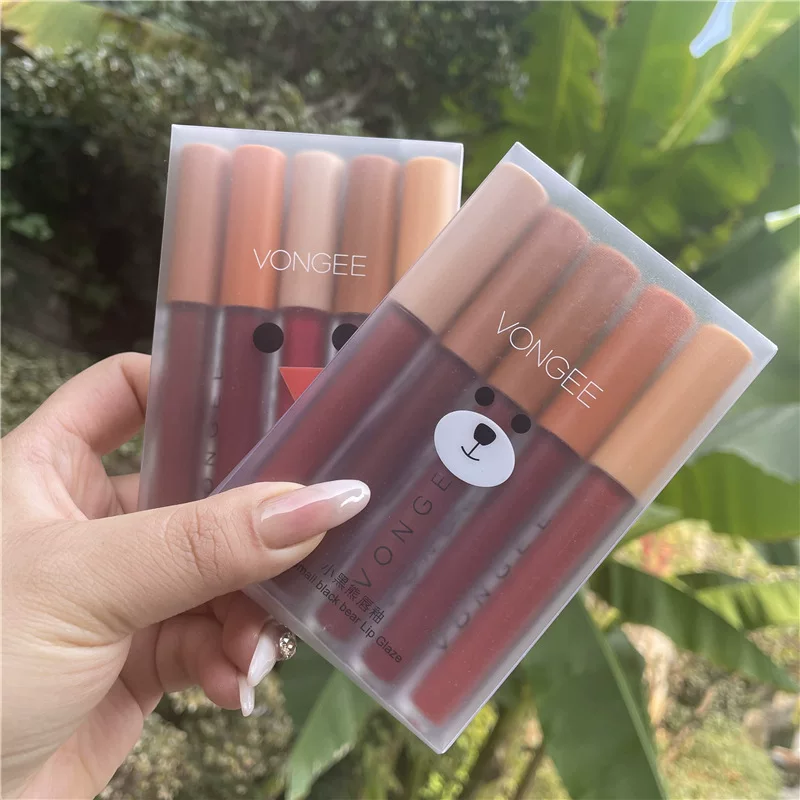 Matte Lip Gloss Set (VONGEE) Little Black Bear, Translucent Shading, 6-piece Compact Kit