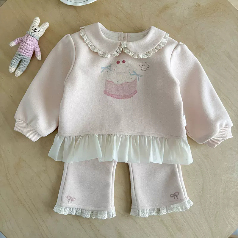 春季新款婴幼儿针织分体套装女宝宝娃娃领卡通卫衣卫裤两件套 a类