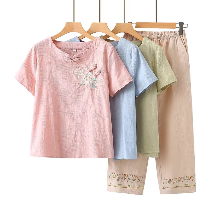 Mom's Summer Cotton and Linen Suit, Fashionable Women's Short-Sleeved Shirt, T-Shirt for Middle-Aged and Elderly Women, Grandma's Summer Clothing for the Elderly