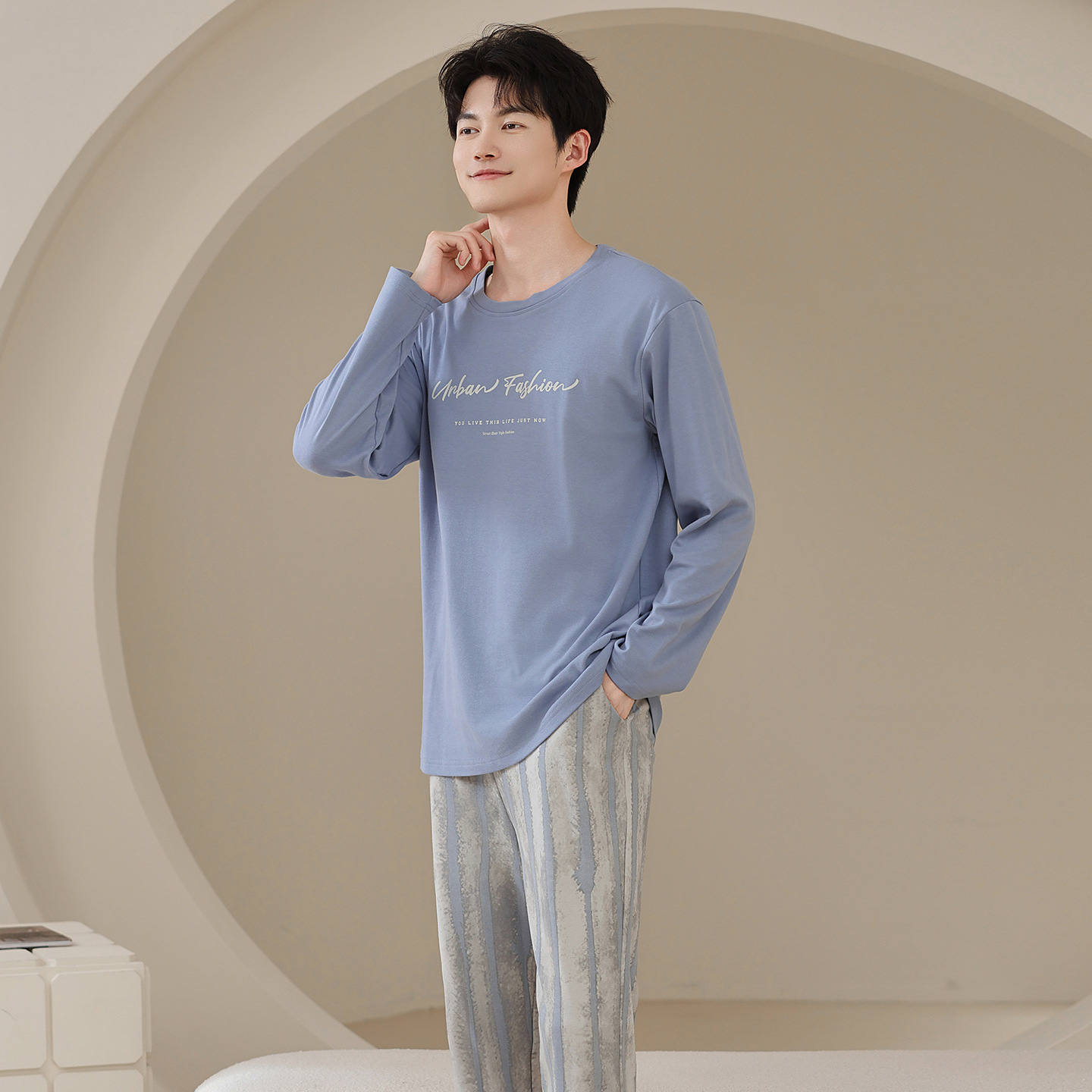 Spring and Autumn Pure Cotton Men's Pajamas Long-Sleeved Pants Cartoon Casual Teenagers Loose Pure Color Can Be Worn Outside Home Clothes