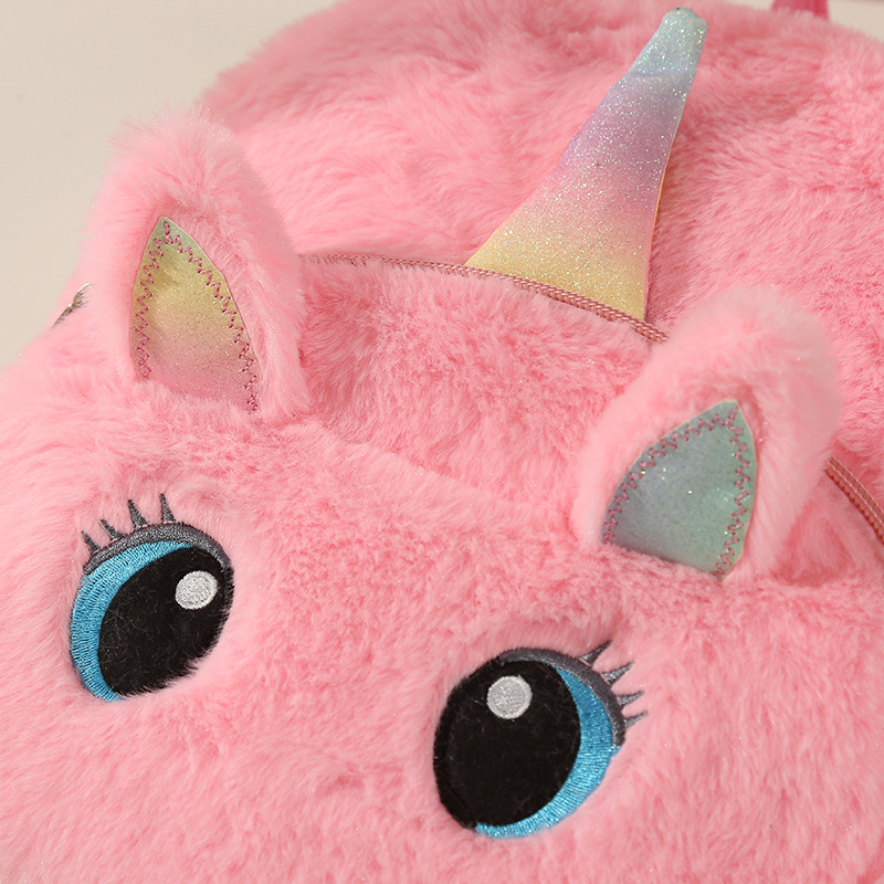 新款Unicorn独角兽彩色兔毛幻彩毛绒球双肩包儿童女孩学生书包详情图11