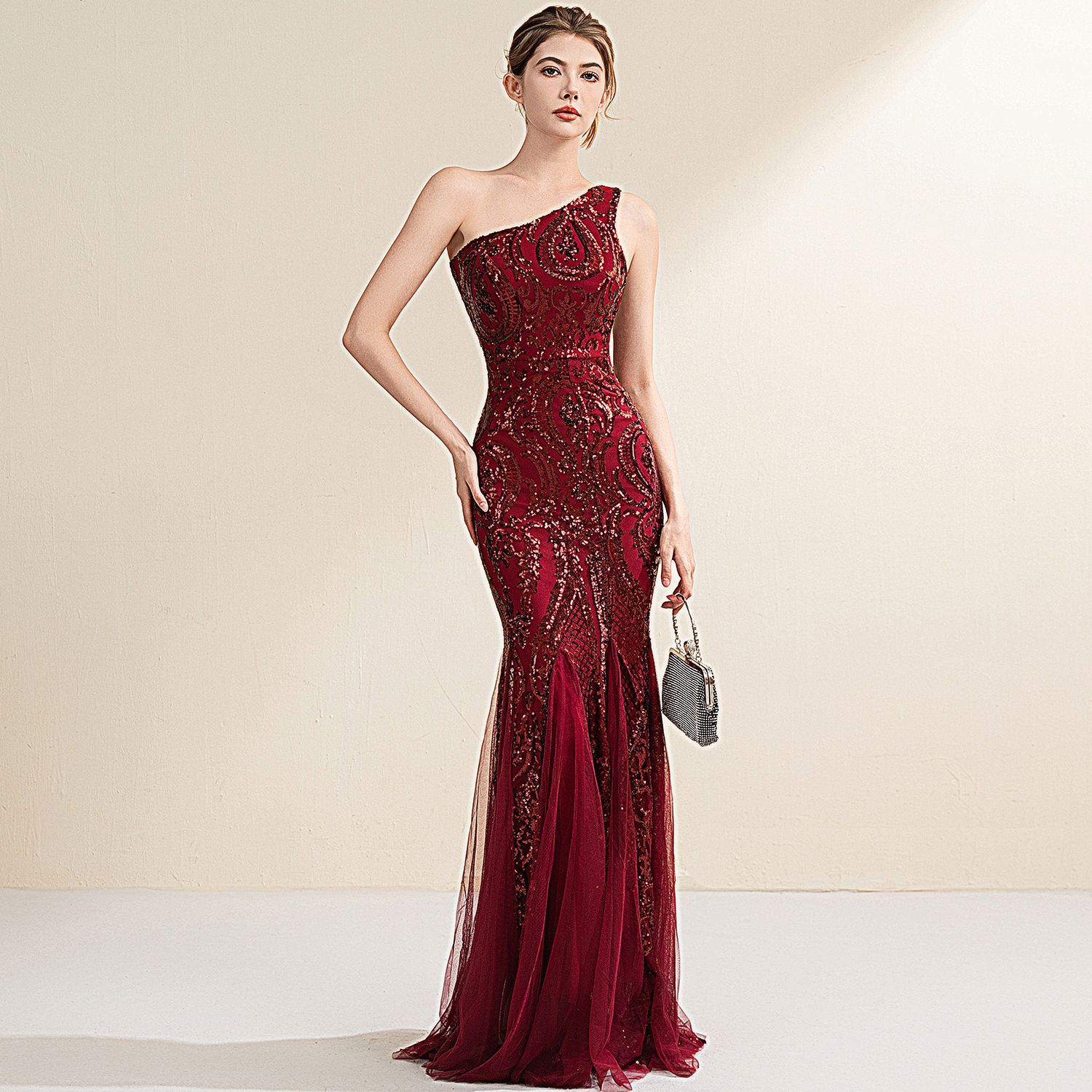 Evening dress female bride toast dress oblique shoulder socialite banquet party party party shiny long fishtail dress