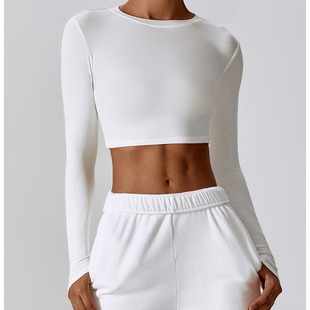 Cross-border threaded short yoga wear for women with midriff exposed, slimming, running, long-sleeved T-shirt, Pilates quick-drying top