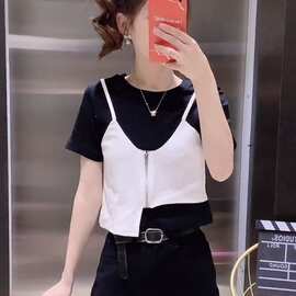 棉】假两件短款设计感小众短袖t恤女夏装学生显瘦拼接甜辣上衣潮