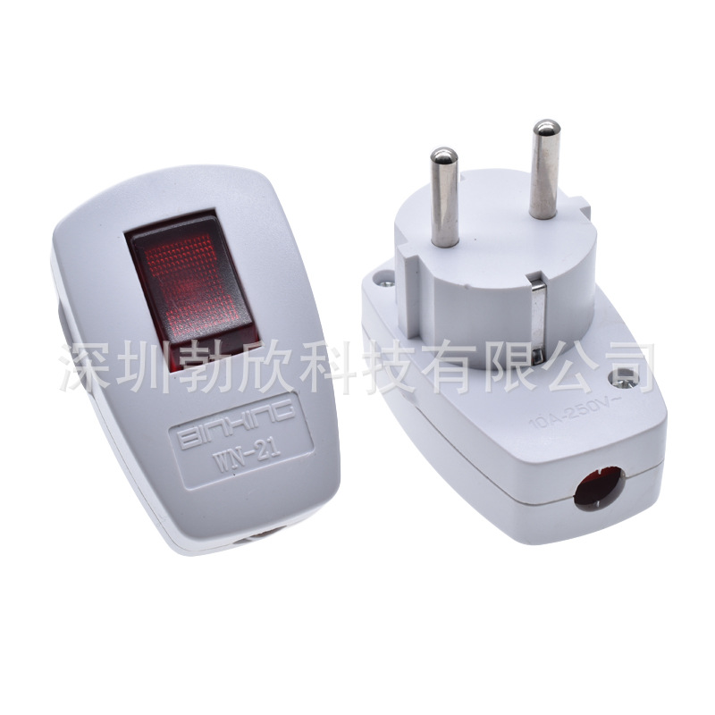 16A德标欧规法式接线插头带红灯开关俄罗斯韩国欧式两2圆脚WN-21