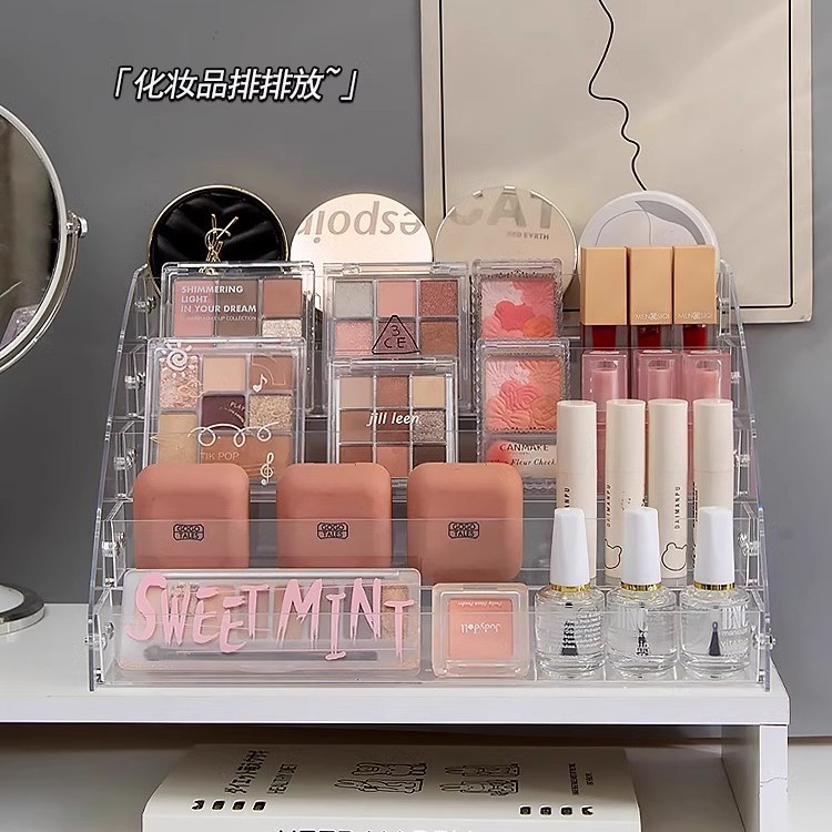 Caja de almacenamiento transparente estante de almacenamiento de cosméticos multicapa esmalte de uñas bandeja de sombra de ojos estante de exhibición estante de acabado de tocador
