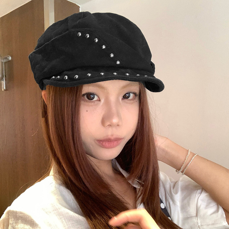 日系复古铆钉贝雷帽女小众时髦辣妹八角帽个性不规则鸭舌报童帽子|undefined