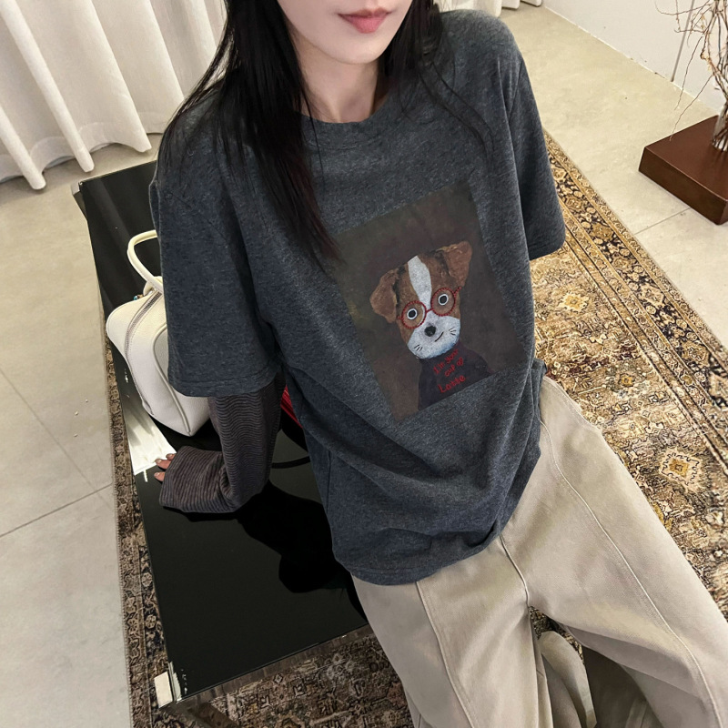 小狗印花假两件磨毛T恤女欧洲站2025秋装新款欧货女装休闲上衣潮|undefined