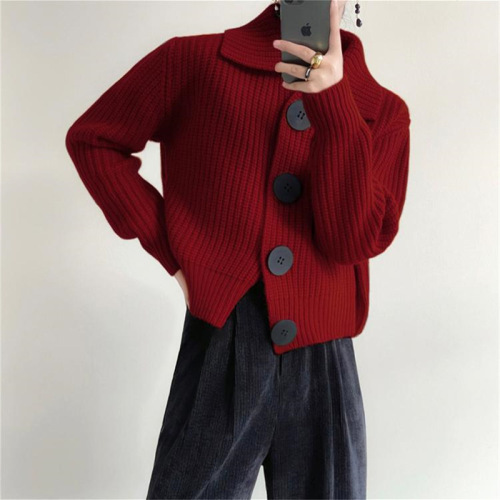 Korean Laid-back Style Cardigan for Women, 2025 Autumn/Winter Loose Youthful Collar Knit Cardigan with Large Buttons
