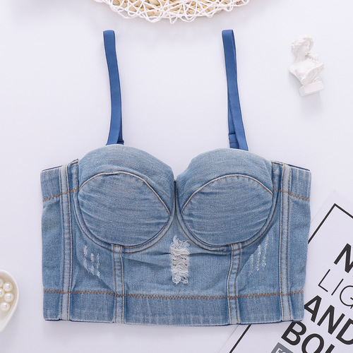 European and American ripped denim camisole short sexy midriff-baring fishbone tube top bra-free DJ hot girl top