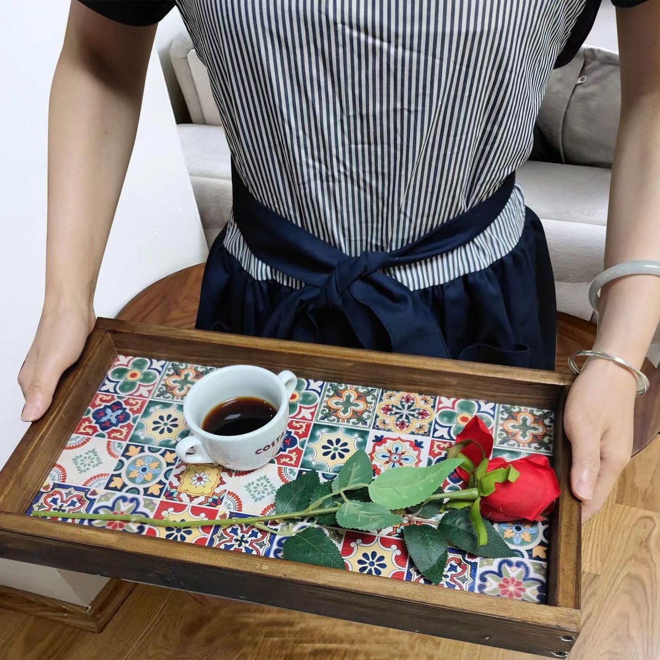 Bohemia Mediterráneo europeo retro madera maciza bandeja de té bandeja de madera caja decorativa de almacenamiento café zen exquisito