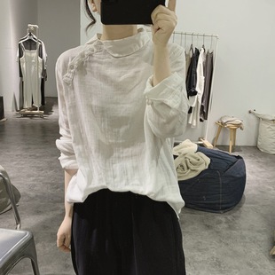 Women's doll collar shirt Spring and Autumn New Age-reducing loose slimming irregular pullover artistic long sleeve cotton top