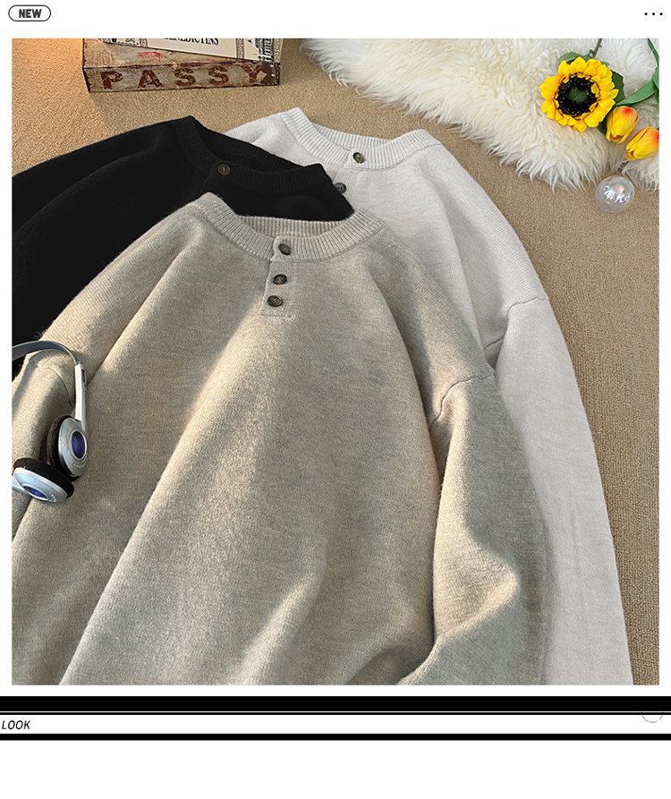 Cleanfit Henley Knit Sweater – Heavyweight Relaxed Pullover With Ribbed Hem_voghion.com